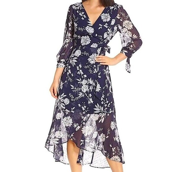 Eliza J Dress 8 Midi Hi-Lo Wrap Navy White Floral 3/4 Sleeve Semi-Formal Party - Picture 1 of 11